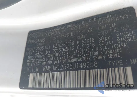 2005 Hyundai Tucson Gl z USA, uszkodzony, nr VIN KM8JM12B25U149258